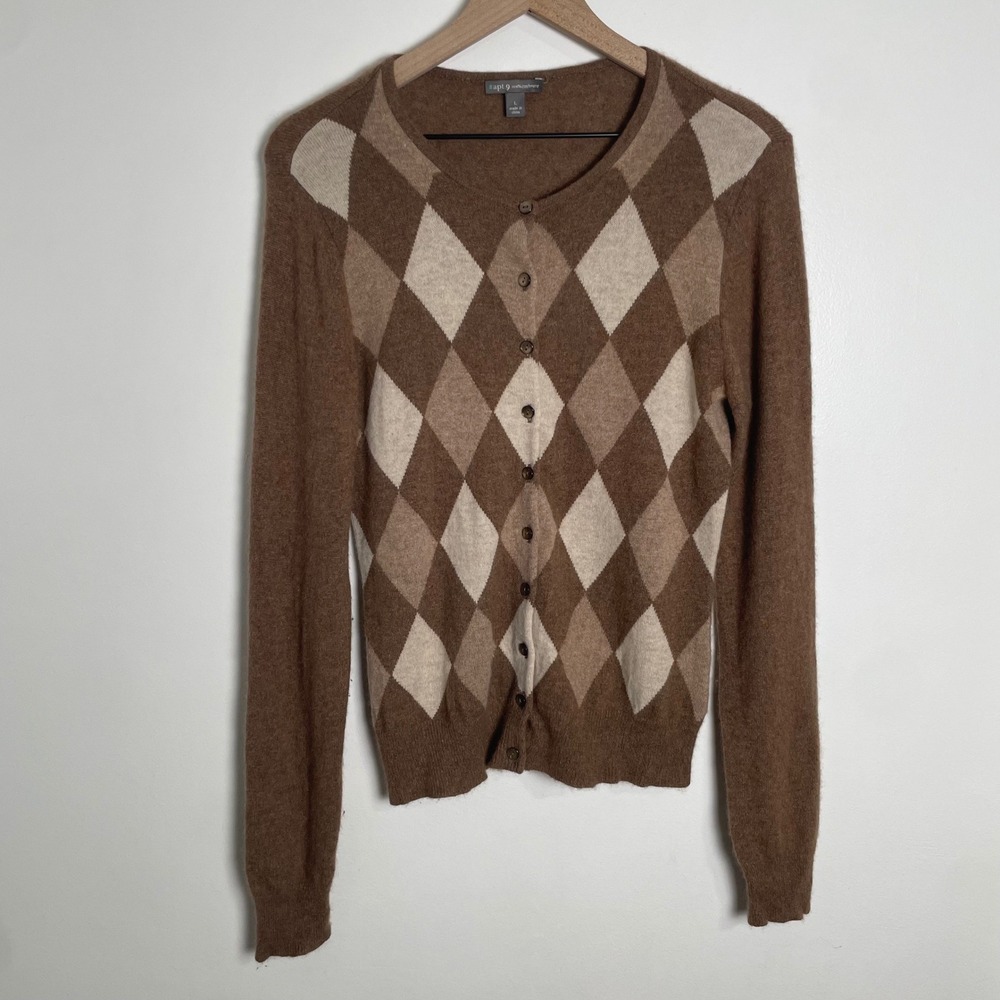 Cashmere Cardigan Sweater Womens Large Brown Argyle Button Front Academia Luxury
